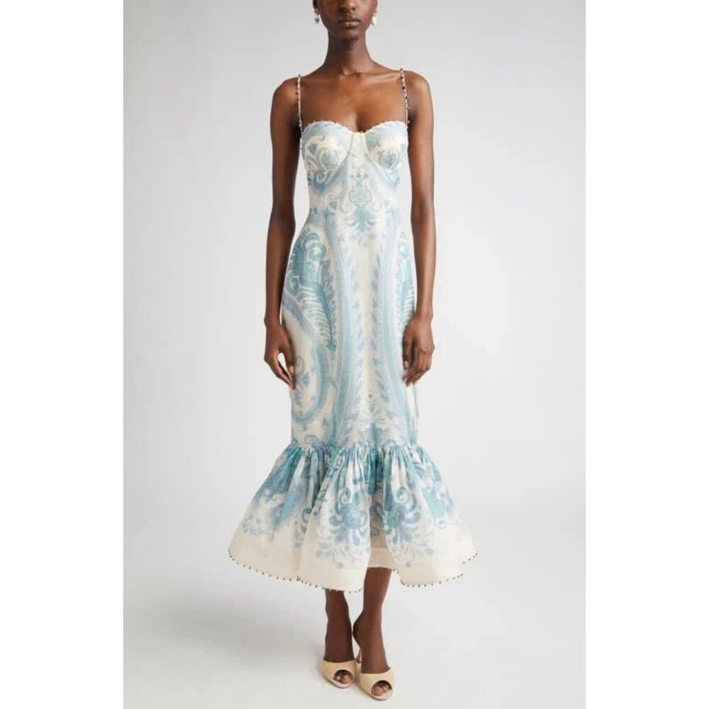 NWOT Zimmermann Illuminate Turquoise Paisley Mermaid Silk Linen Dress Size 0